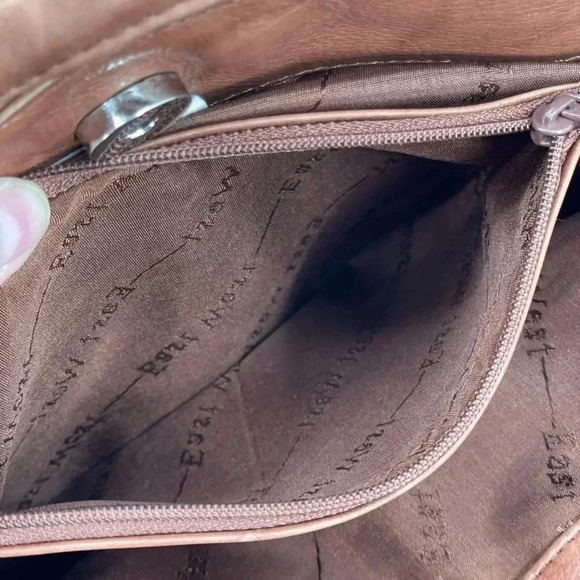 East West Tan Leather Boho Fringe Shoulder Bag Purse Snap Closure Vintage - Picture 10 of 16